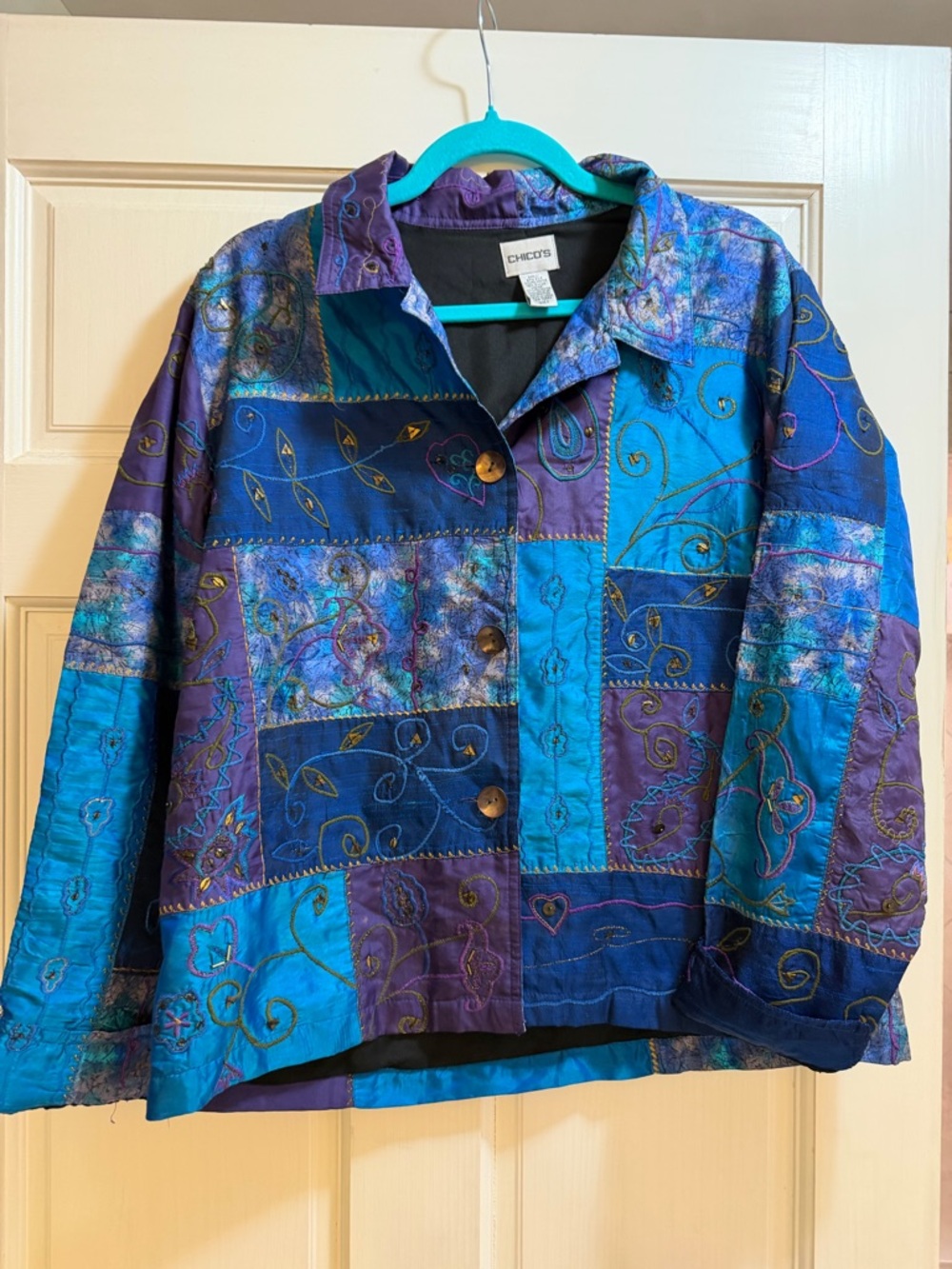 Chico's Patchwork Embroidered Jean Jacket - Blue & Purple